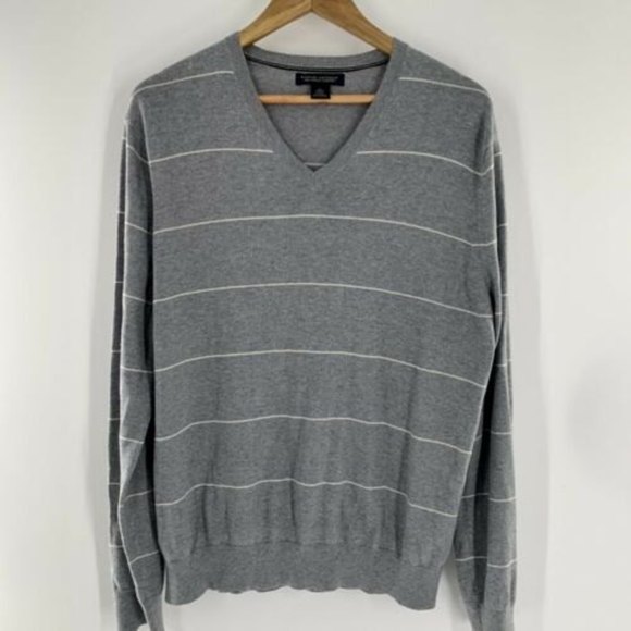 Banana Republic Mens's Large Sweater Silk Cashmere Blend Gray Stripe V-Neck - Picture 2 of 10